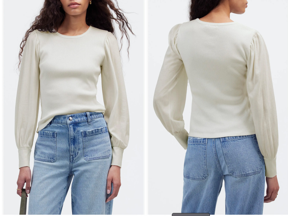 Madewell XL Ribbed Long Puff-Sleeve Top Crewneck Top White Minimalist NWT